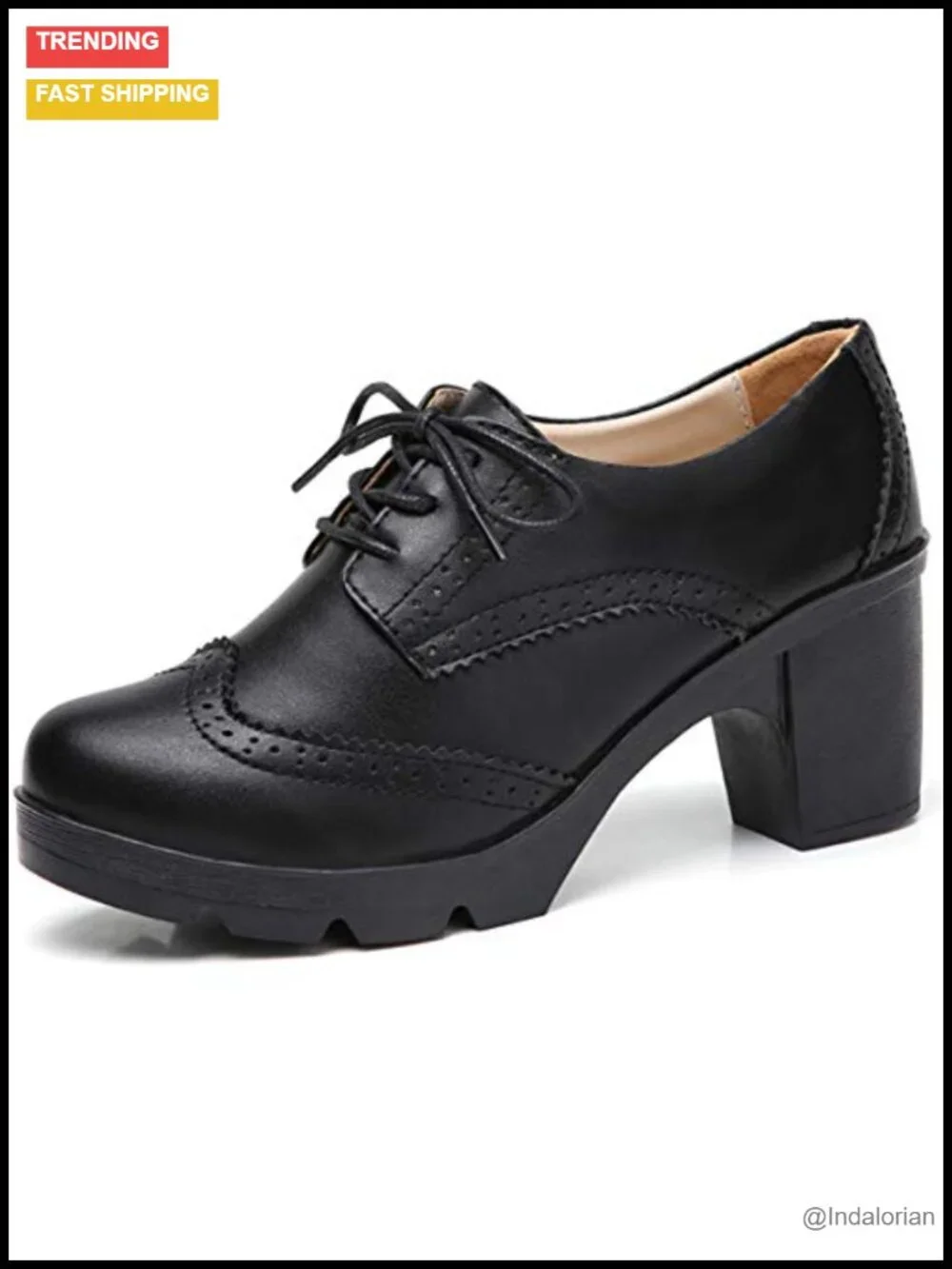 DADAWEN Women's Leather Classic Lace Up Platform Chunky Mid-Heel Square Toe